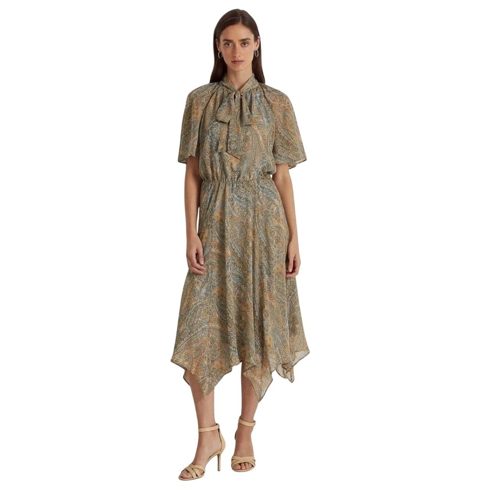 Lauren Ralph Lauren Paisley Handkerchief Hem Tie Neck Midi Dress Flutter Sleeve
